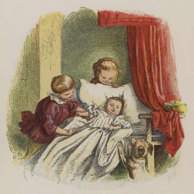 Young boy and girl watching a baby by Oskar Pletsch