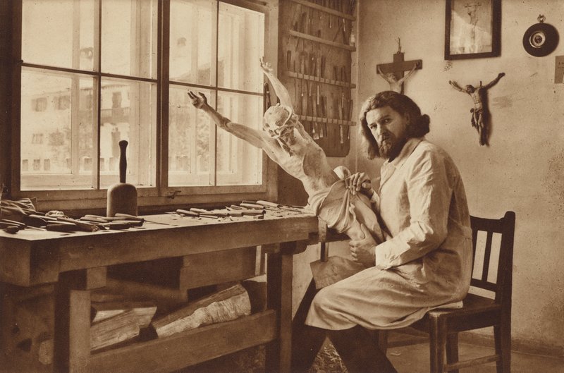Wood-Carvers Workshop in Oberammergau, Alois Lang, the Representator of Christ in the Passion Play 1930 by Otto Ballerstedt