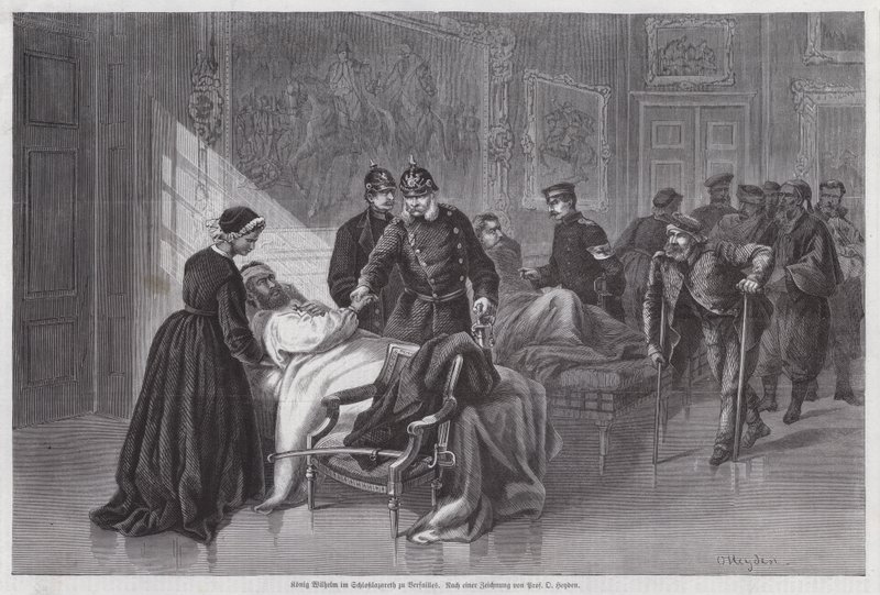 King Wilhelm I of Prussia meeting wounded soldiers in the Palais de Versailles, France, Franco-Prussian War by Otto Johann Heinrich Heyden