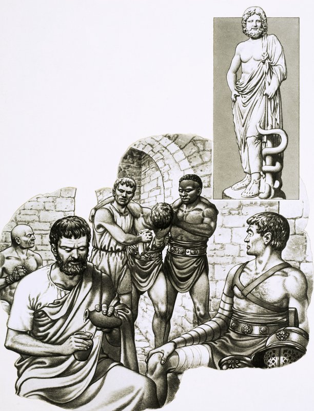 A medic at the gladiatorial games patches up survivors by Pat (1907-95) Nicolle