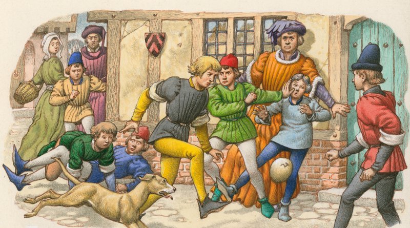 Game Resembling Football in the Middle Ages by Pat (1907-95) Nicolle