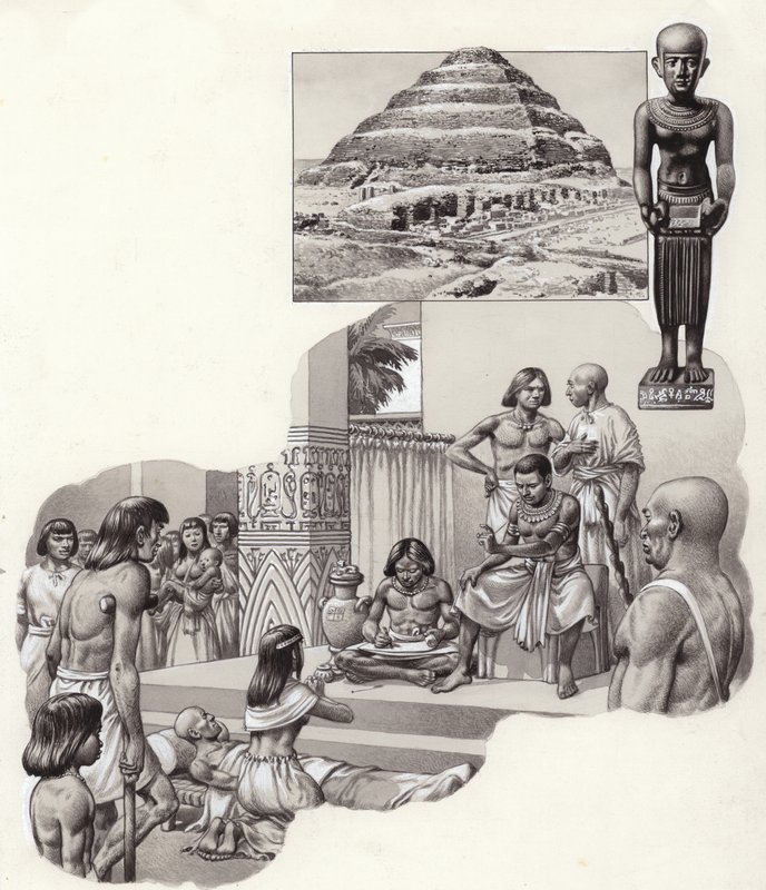Imhotep "the good physician" giving advice to a sick man by Pat (1907-95) Nicolle