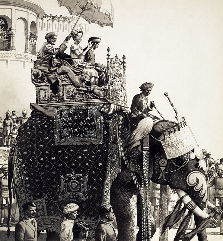 Queen Elizabeth II on an Elephant by Pat (1907-95) Nicolle
