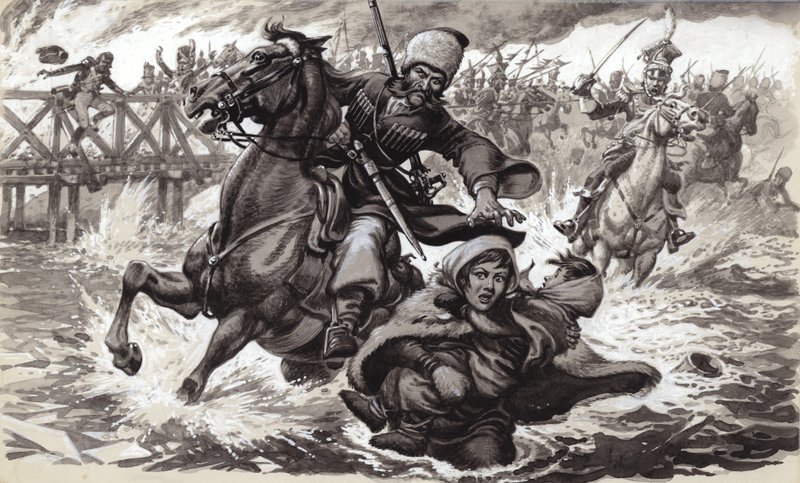 A Cossack soldier tries to stop Aimee Ladoinski crossing the River Berezina by Pat (1907 95) Nicolle