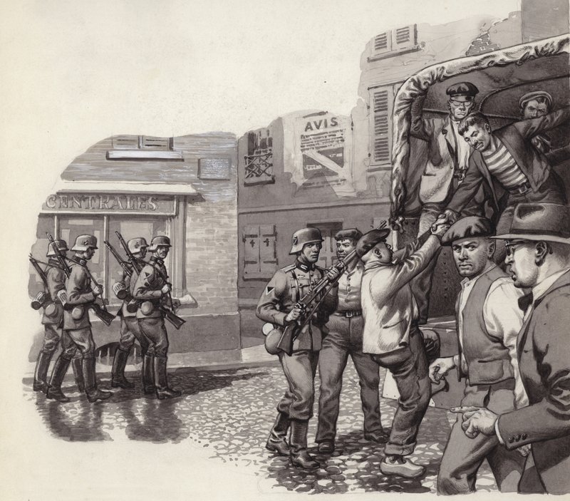 A German soldier helping prisoners escape from a lorry by Pat (1907 95) Nicolle