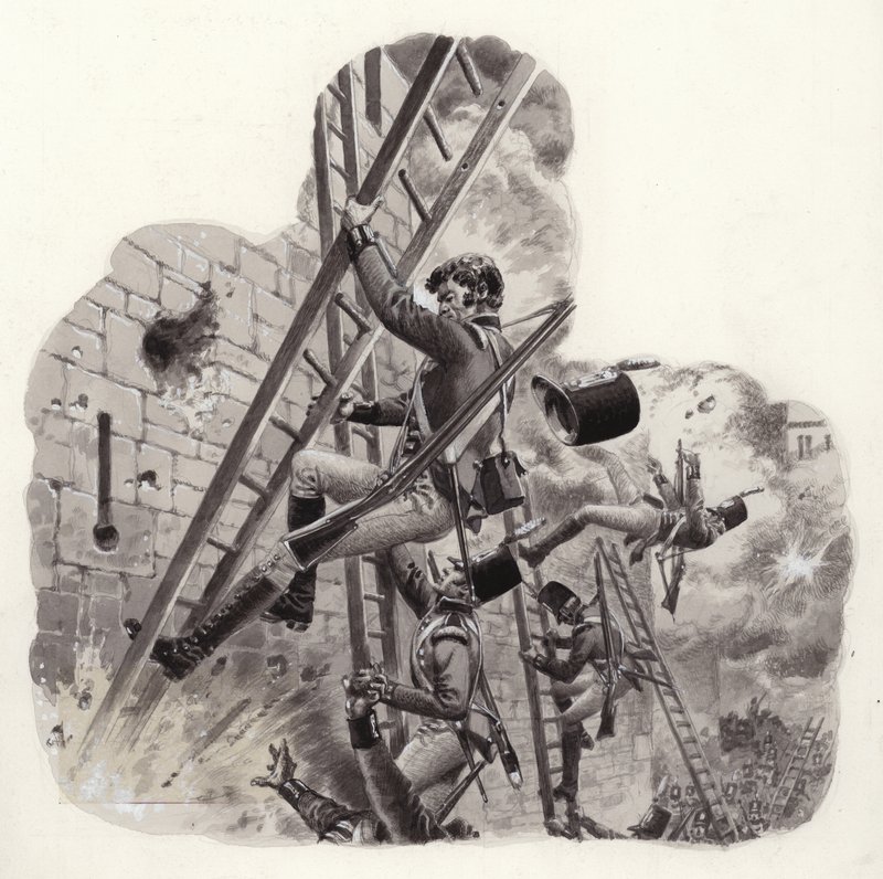 British soldiers under fire from the French during the attack on Badajoz by Pat (1907 95) Nicolle