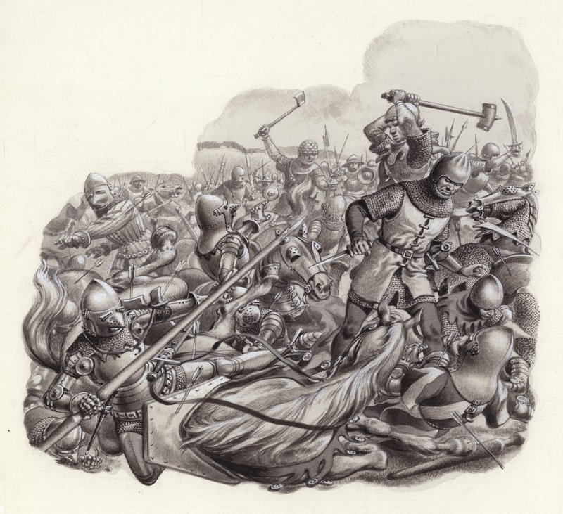 Knights slaughtered on the battlefield by Pat (1907-95) Nicolle