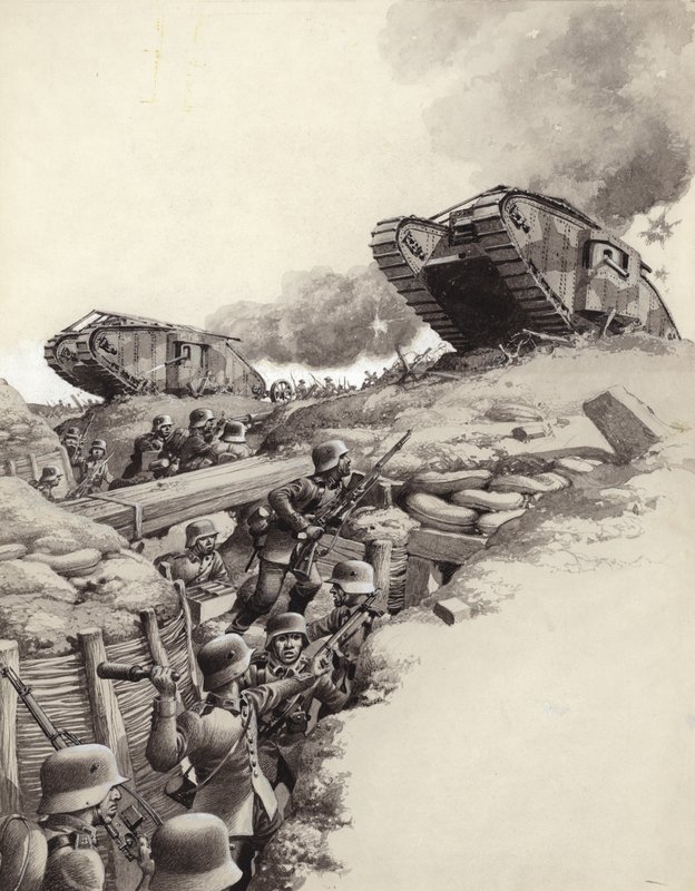 Tanks roll over German trenches during the Great War by Pat (1907 95) Nicolle