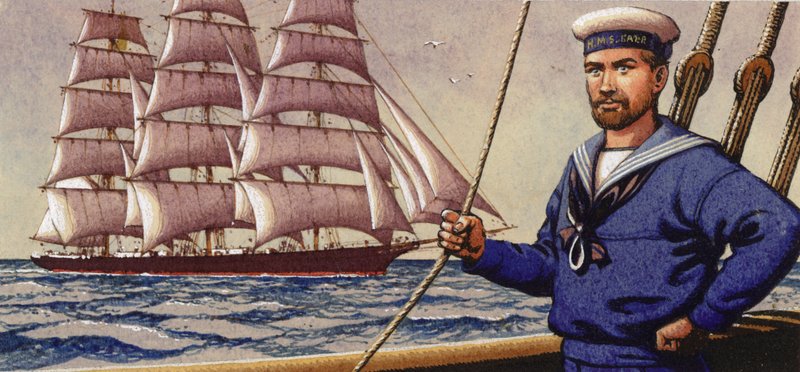 Well-dressed sailor and square-rigger sailing ship by Pat (1907 95) Nicolle