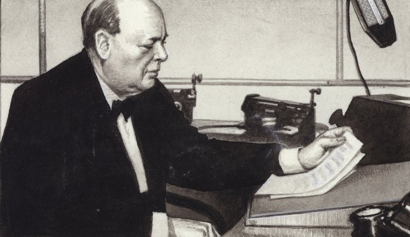 Winston Churchill makes one of his famous wartime broadcasts on radio by Pat (1907 95) Nicolle