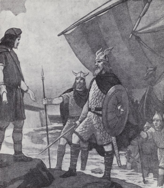 Brothers Hengist and Horsa arriving at Ebbsfleet, Isle of Thanet, Kent, during the invasion by the Angles, Saxons and Jutes in the 5th century by Paul (after) Hardy