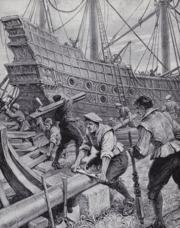 Building of the English galleon Ark Royal, the flagship in the fight against the Spanish Armada in 1588 by Paul (after) Hardy