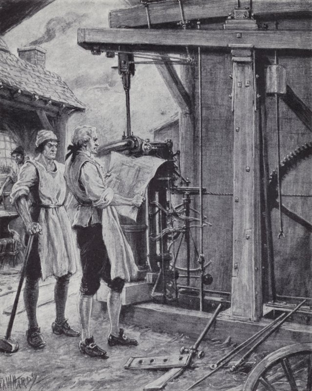 James Watt at work on the steam engine by Paul (after) Hardy