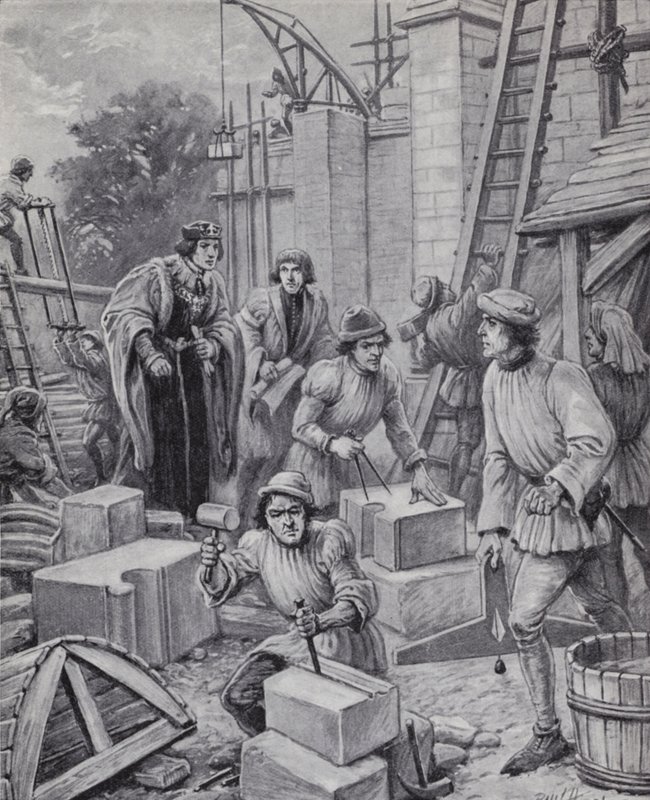 King Henry VI overseeing the building of Eton College that he founded in 1440 by Paul (after) Hardy