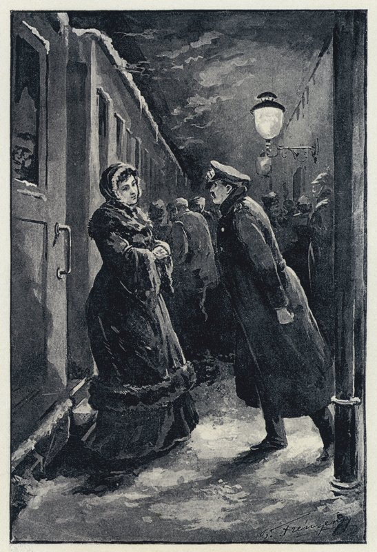 Illustration for Anna Karenina: Vronsky encounters Anna at the station by Paul Frenzeny