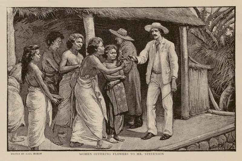 Women Offering Flowers to Robert Louis Stevenson by Paul Hardy