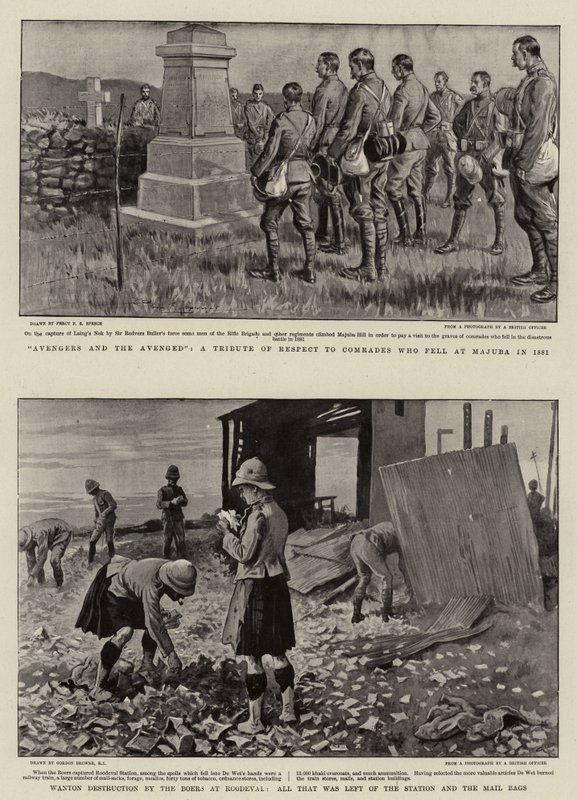 Avengers and the Avenged, A Tribute of Respect to Comrades who fell at Majuba in 1881, Wanton Destruction by the Boers at Roodeval, all that was left of the Station and the Mail Bags by Percy F.S. Spence
