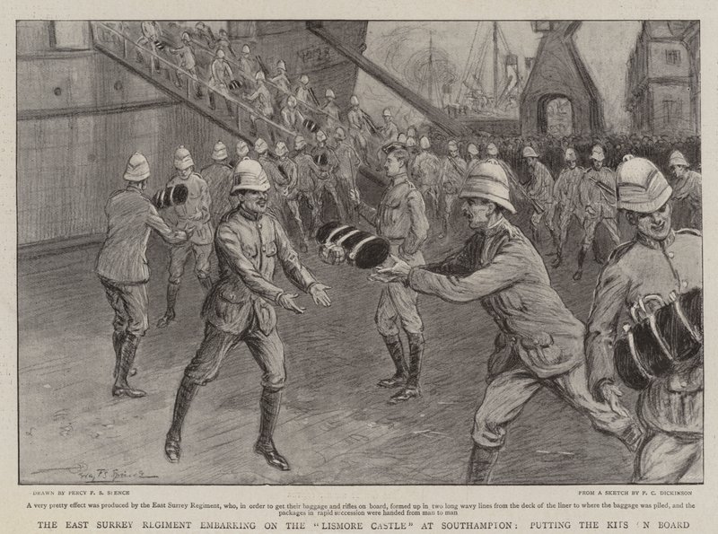 The East Surrey Regiment embarking on the Lismore Castle at Southampton, putting the Kits on Board by Percy F.S. Spence