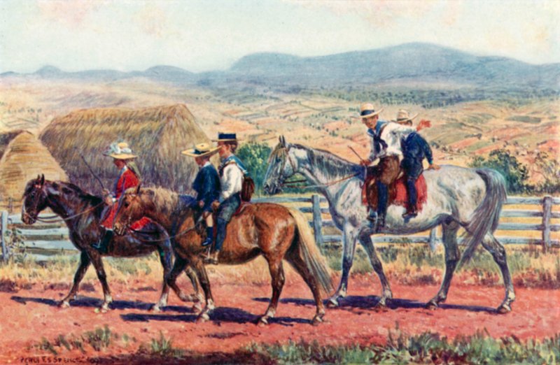 Australian children riding to school by Percy F.S. (after) Spence