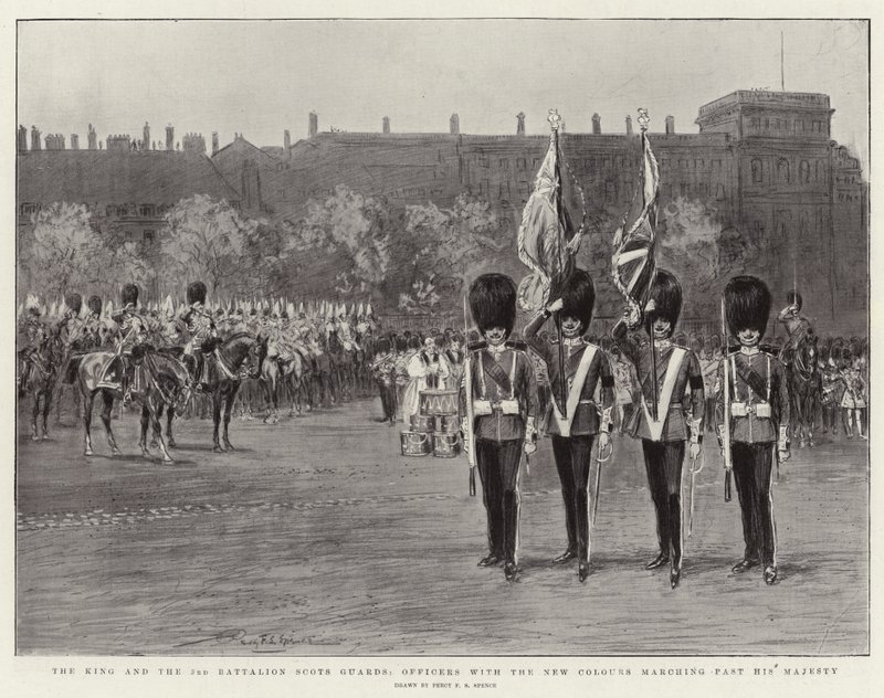 The King and the 3rd Battalion Scots Guards, Officers with the New Colours Marching Past His Majesty by Percy F.S. Spence