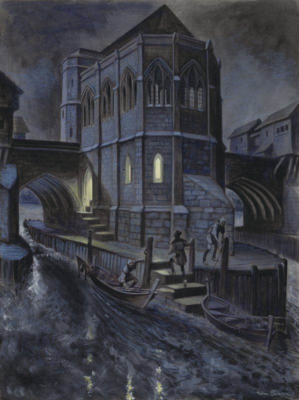 Imaginary Reconstruction of the First Chapel on Old London Bridge by Peter Jackson