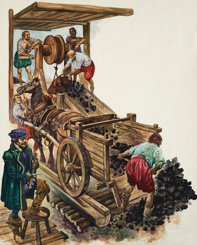 A tallyman notches up how many loads of coal leave the mine as a miner fills a cart and others hoist more to the surface by Peter Jackson