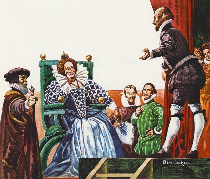William Shakespeare presenting one of his plays to Queen Elizabeth I by Peter Jackson