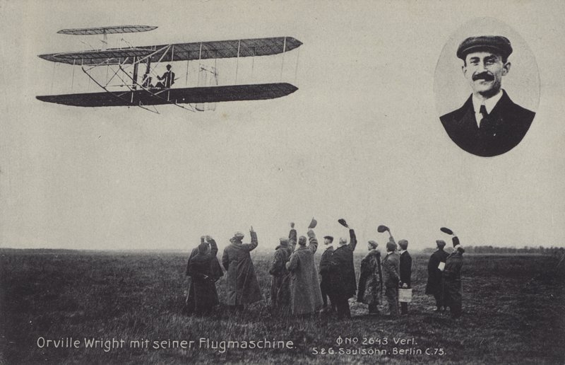American aviator Orville Wright and his flying machine by Photographer German