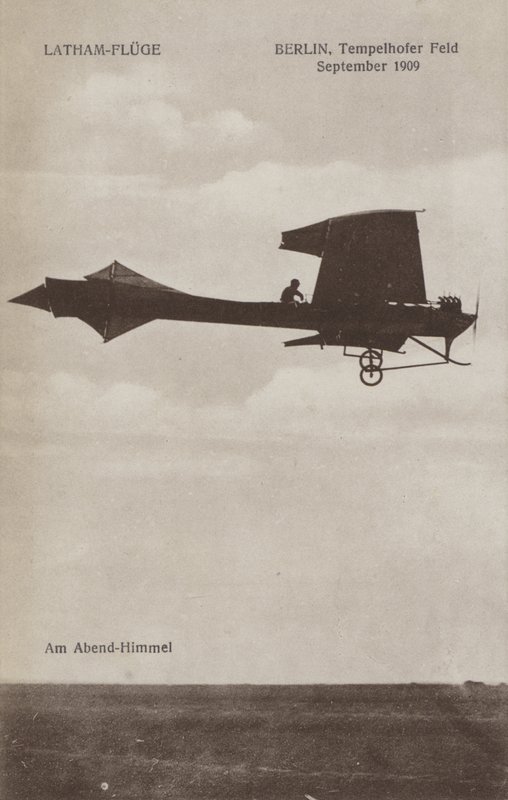 French aviator Hubert Latham flying over Tempelhof airfield, Berlin, September 1909 by Photographer German