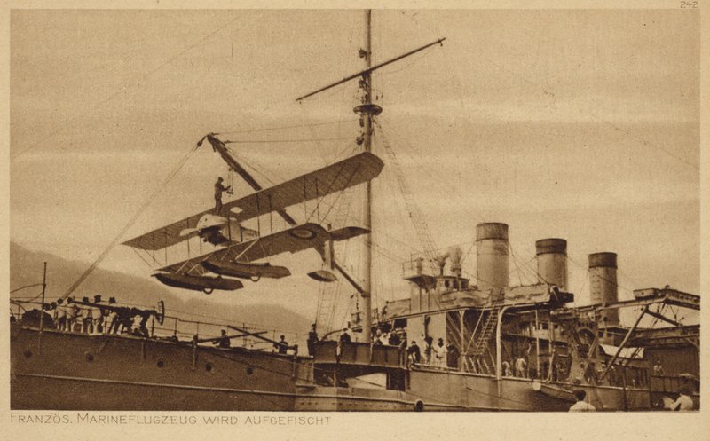 French Naval Aeroplane Being Lifted onto a Ship by Photographer German