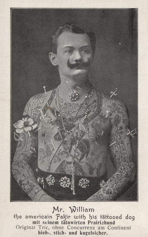 Mr William, the American Fakir with his tattooed dog by Photographer German