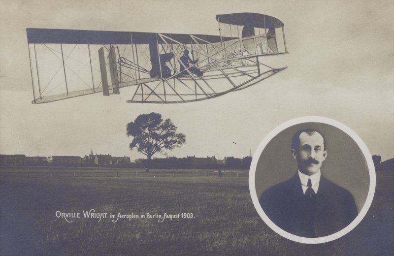 Orville Wright flying his aeroplane in Berlin, August by Photographer German