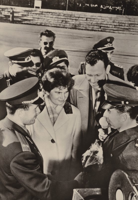 Valentina Tereshkova-Nikolayeva and Yuri Gagarin were heartily welcomed when they visited the frontier guards in Berlin on 20 October 1963 by Photographer German