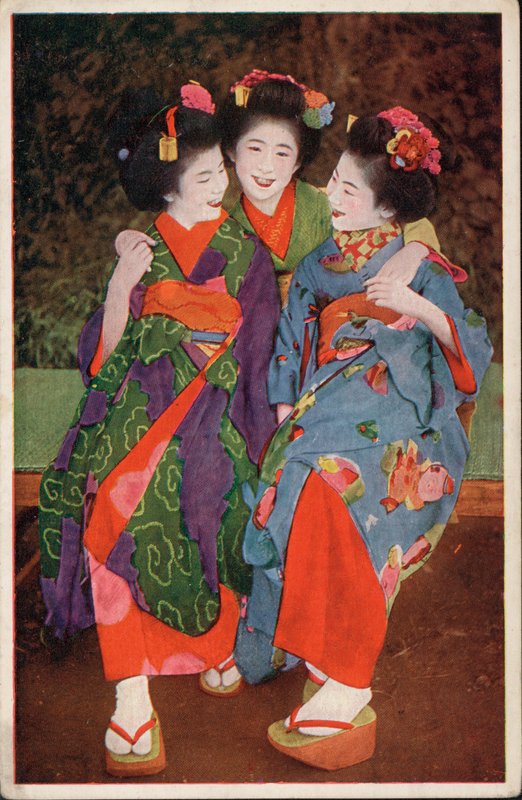 Three Young Japanese Women in Traditional Costume by Photographer Japanese