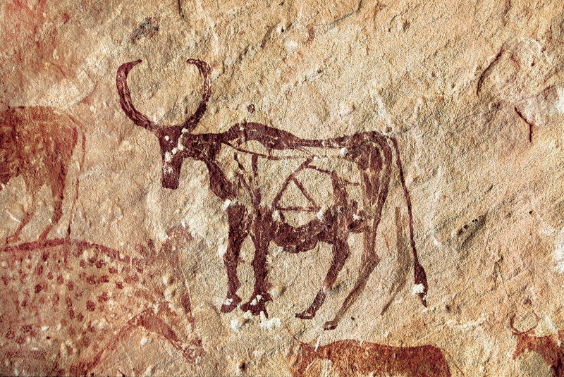 Rock painting: representation of a cervid. Cave of Tadrart Acacus