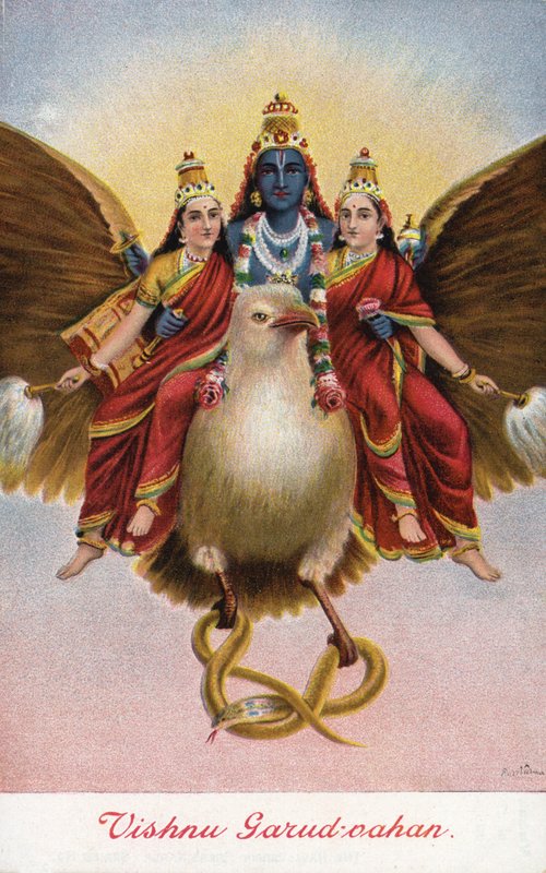 The Hindu God Vishnu, Riding on His Vehicle Garuda by Raja Ravi Varma