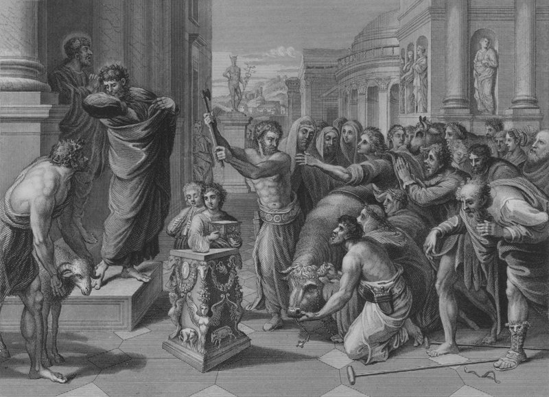 Paul and Barnabas at Lystra, Acts 14, Verse 8-19 (engraving) by after Raphael