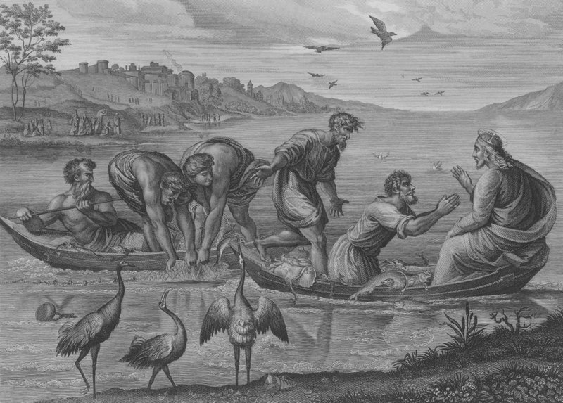 The Miraculous Draught of Fishes, St Luke 5, Verse 1-12 (engraving) by after Raphael