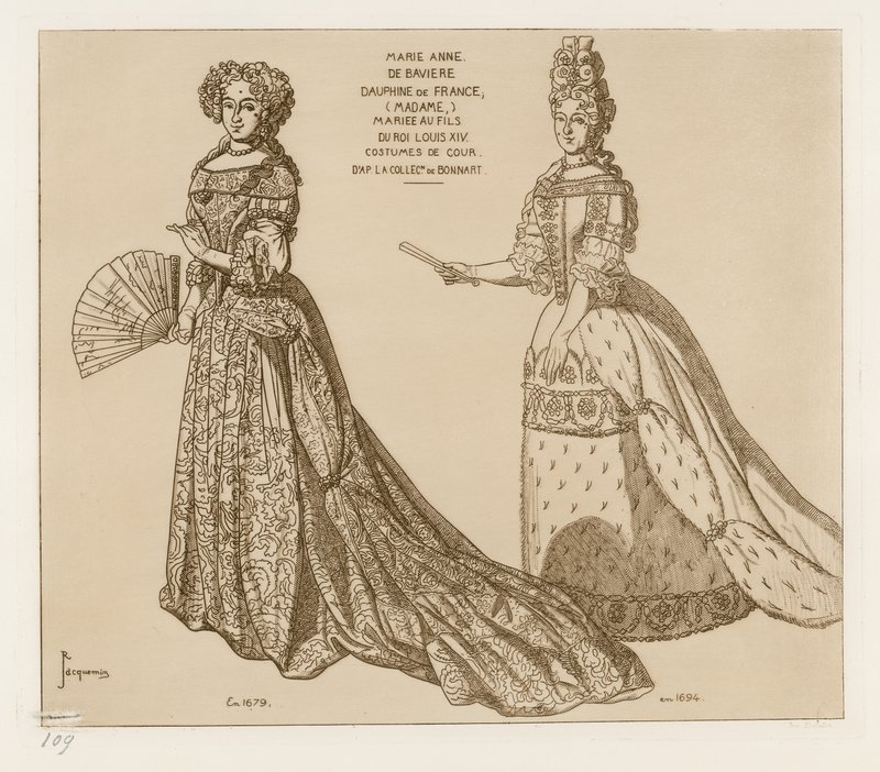 Costumes de Cour. Marie Anne de Baviere, Dauphine de France, Married to the Son of King Louis XIV. After Artwork in the Collection of Bonnart by Raphael Jacquemin