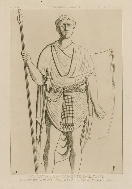 Soldier of the IVth Cohort Dalmatian. Bas Relief of the Artillery Museum in Paris. Unpublished Drawing. Military Costumes - Infantry - Western Empire by Raphael Jacquemin