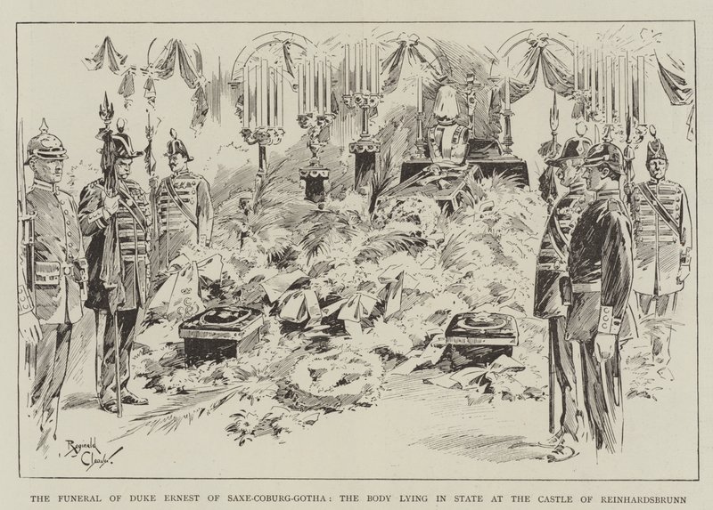 The Funeral of Duke Ernest of Saxe-Coburg-Gotha, the Body Lying in State at the Castle of Reinhardsbrunn by Reginald Thomas Cleaver