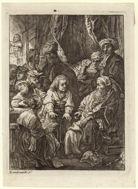 A Crowd of People Gathered Around a Seated Old Man by Rembrandt van Rijn