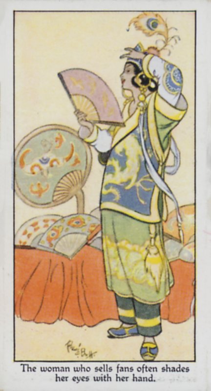 The Woman Who Sells Fans Often Shades Her Eyes with Her Hand by René Bull
