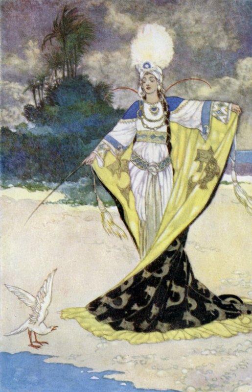 Princess Giauhara Changes King Beder into a White Bird by René Bull