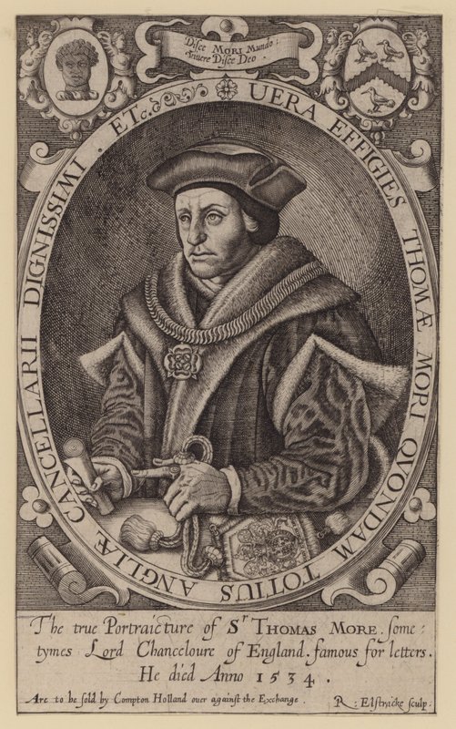 Sir Thomas More, English lawyer, statesman, philosopher and humanist (engraving) by Renold (after) Elstrack