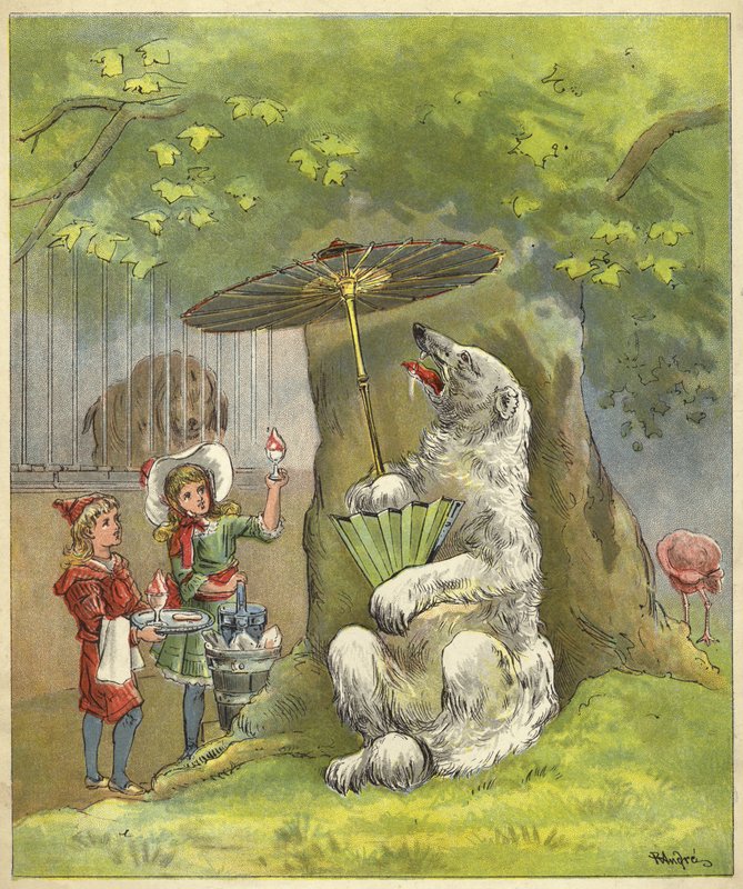 Polar bear being fed ice cream sundae by children by Richard Andre