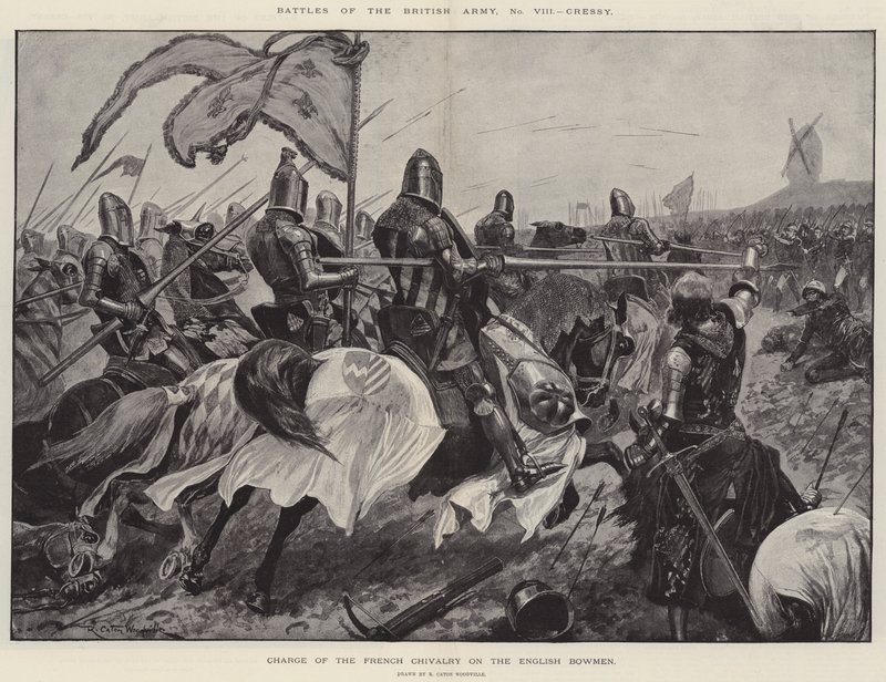 Battles of the British Army, Cressy, Charge of the French Chivalry on the English Bowmen by Richard Caton Woodville junior