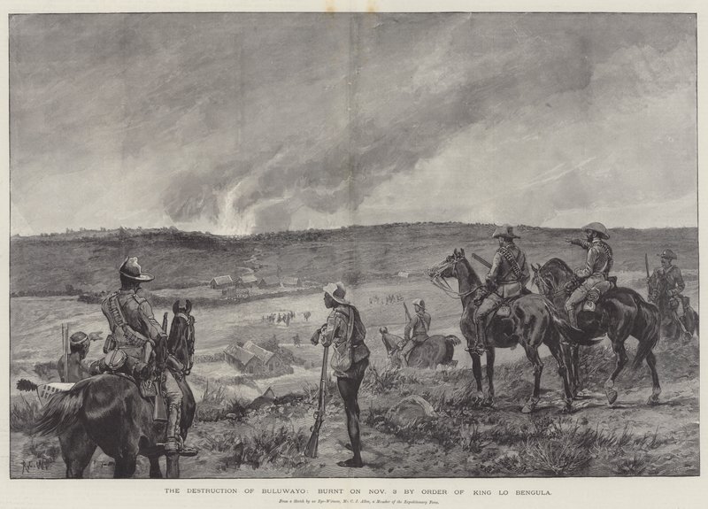 The Destruction of Buluwayo, burnt on 3 November by Order of King Lo Bengula by Richard Caton Woodville junior