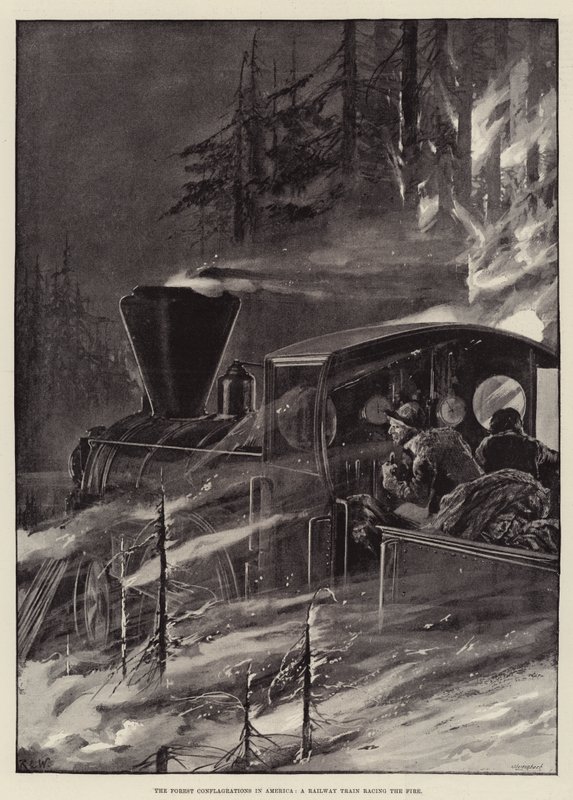 The Forest Conflagrations in America, a Railway Train Racing the Fire by Richard Caton Woodville junior