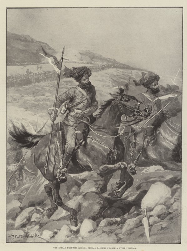 The Indian Frontier Rising, Bengal Lancers charge a Steep Position by Richard Caton Woodville junior